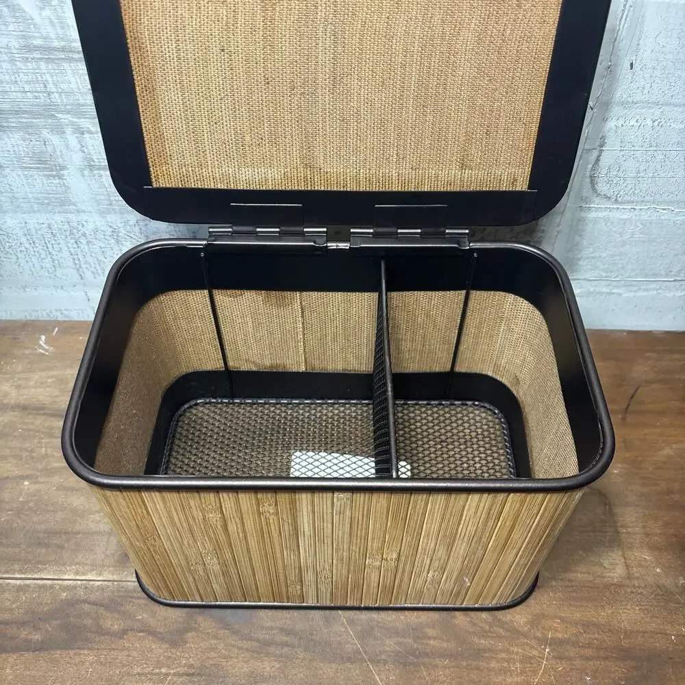Bamboo and Metal Divided Storage Bin with Lid